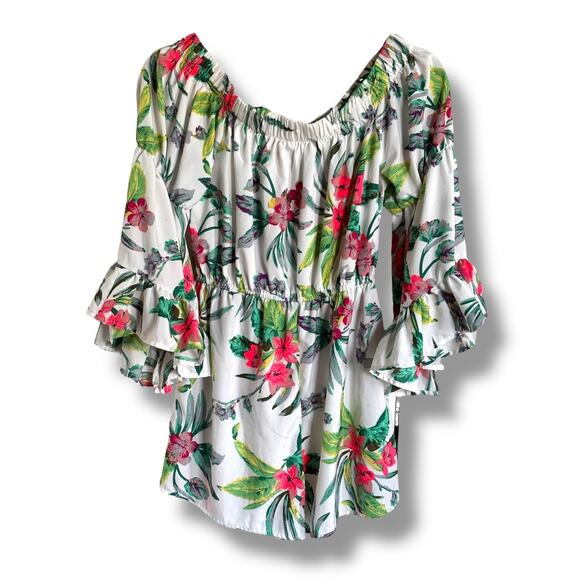 Hint of Blush Floral Off-Shoulder Romper - Size Small - Bell Sleeves White Print - Picture 4 of 7